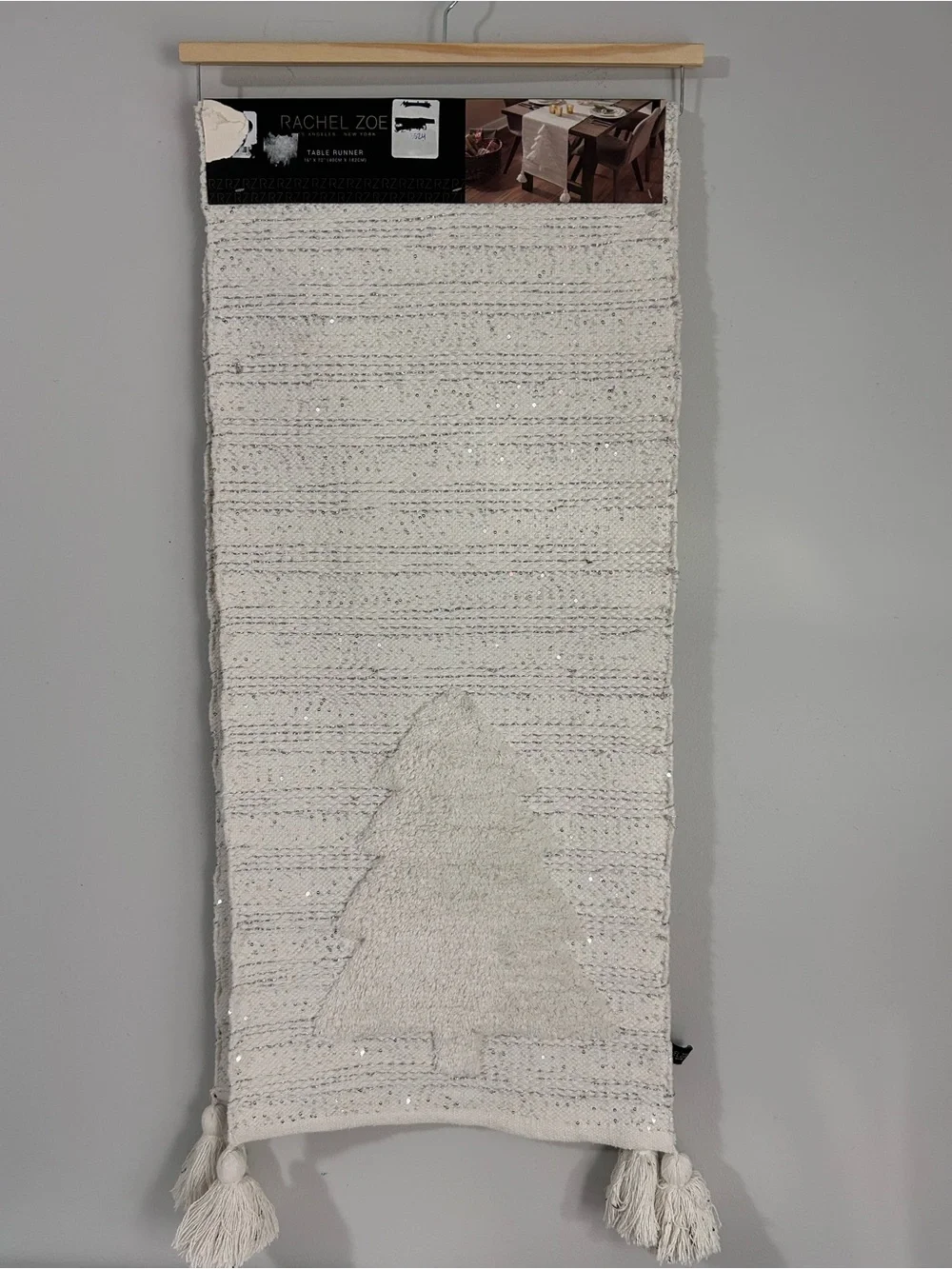 Rachel Zoe Creamy White Textured 16”x 72” Table Runner Tree Motif Silver Sequin